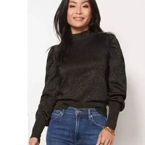 Evereve Black and Gold Leslie Lurex Sparkle Crewneck Micro Puff Sleeve Sweater